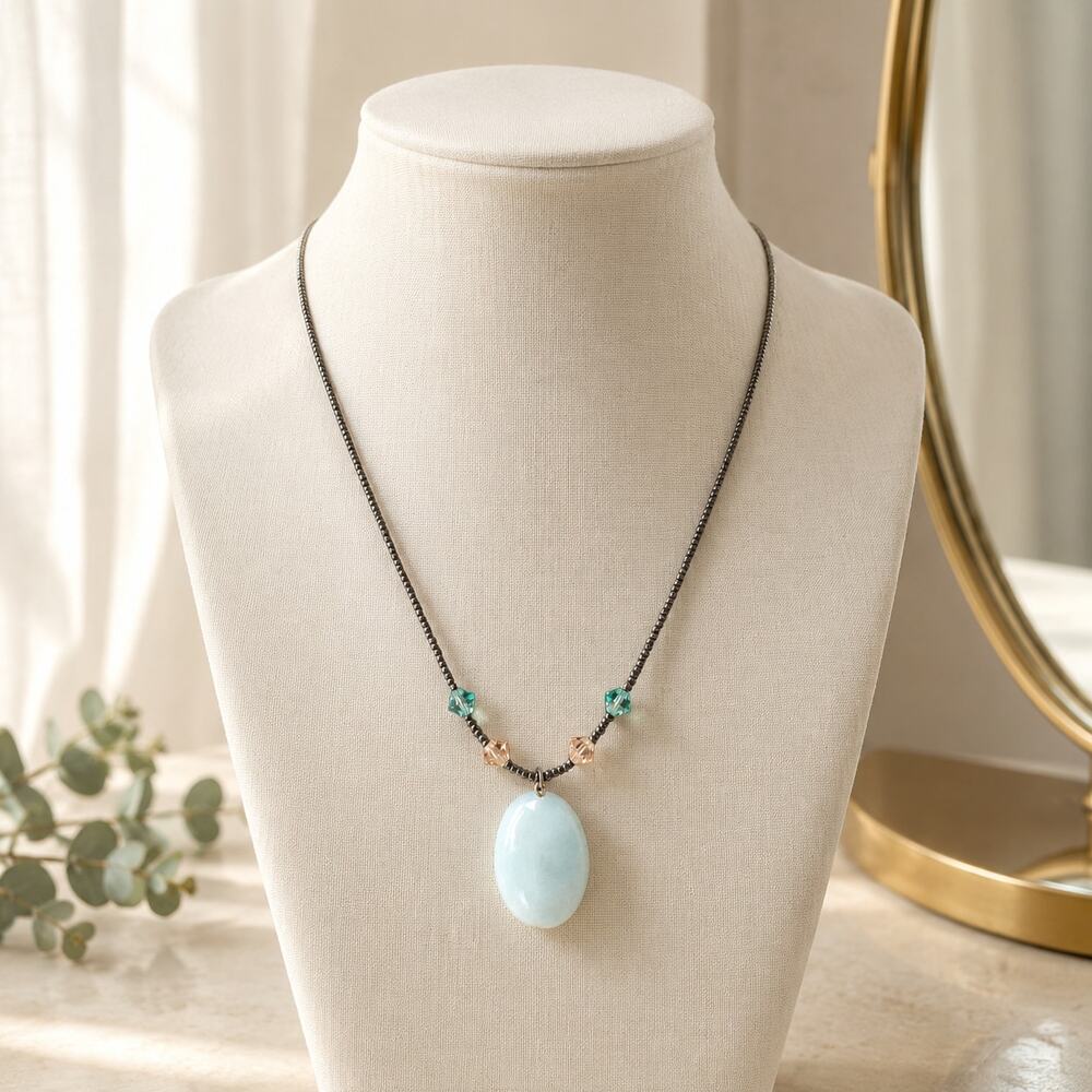 Blue Oval Pendant Beaded Necklace